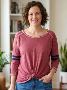 Self Esteem Rose Dusty Long Sleeve Tee with Navy Sleeve Stripes and Front Twist